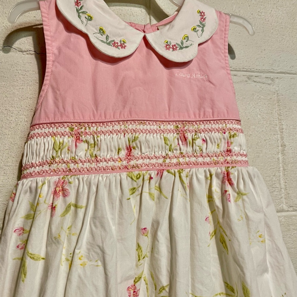 Pink and White Floral Smocked Dress with Embroidered Collar